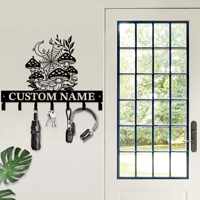 Customized Keys Holder - Personalized Mushroom Wonderland Key Hooks Wall Metal Sign Decor,Wall Holder,Door Hook (Style F)