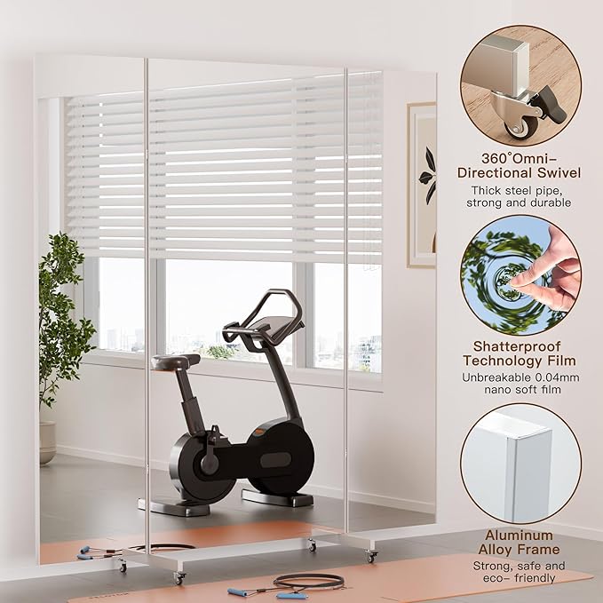brisafe Full Length Mirror with 360° Wheels, 95"x79" Foldable Floor Mirror with Nano-Tech Shatterproof Film - Ultra-Large Mobile Mirror for Home Gym, Dance Studio & Commercial Spaces （White