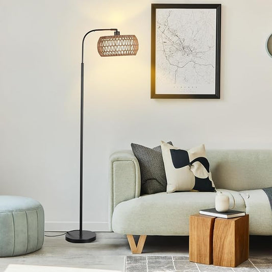 Rattan Floor Lamp for Living Room, Tall Pole Lamp with Adjustable Drum Shade, Foot Switch& Romote, Height Ajustment, Over Couch Arched Floor Light for Reading Bedroom Bulb Included