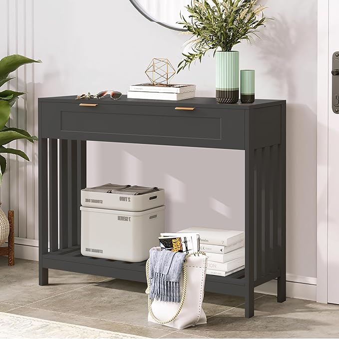 Console Table with Drawers Narrow Entry Table with Large Drawer & Open Storage Slats Shelf, Wooden Long Behind Couch Sofa Table for Living Room,Entryway, Foyer, Hallway(Black)