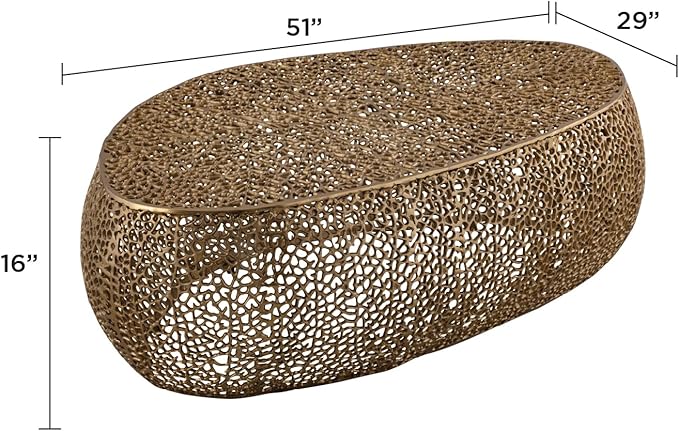 Modern Contemporary Oval-Shape 50" Coffee Table, Solid Aluminum intrigued Design, Mesh Cocktail Table, Creative Center Table for Living Room and Bedroom, Casted in Gold