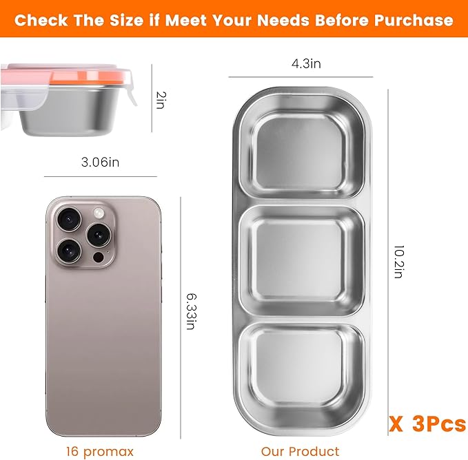 Bandesun Stainless Steel Snack Containers for Kids & Adults, 3 Pack Leek Proof Metal Bento Lunch Box with with lids, Lunchable Containers for Travel, School, Home - Stackable Bento Snack Box