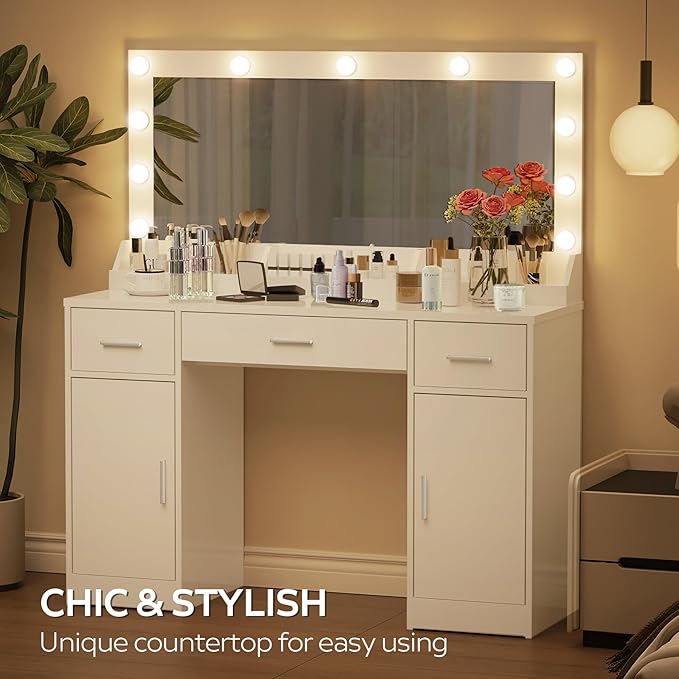 MIRROTOWEL 47.5” Vanity Desk with Large Mirror, 3 Colour Lighting Modes, Adjustable Brightness, Dresser with 3 Drawers & 2 Vertical Cabinets, Makeup Vanity Table for Women Girls