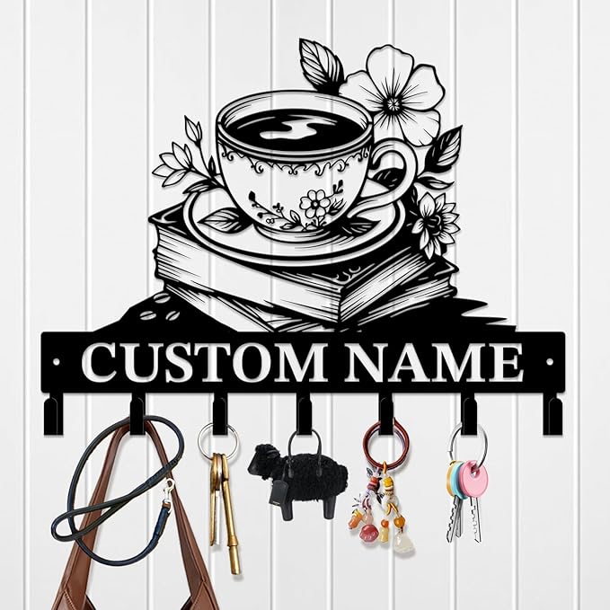 Coffee Bar Keys Holder - Metal Iron Wall Hooks with Custom Name | Personalized Home Decor & Gift Idea | Coffee-Themed Text Engraving Design (Style C)