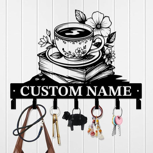 Coffee Bar Keys Holder - Metal Iron Wall Hooks with Custom Name | Personalized Home Decor & Gift Idea | Coffee-Themed Text Engraving Design (Style C)