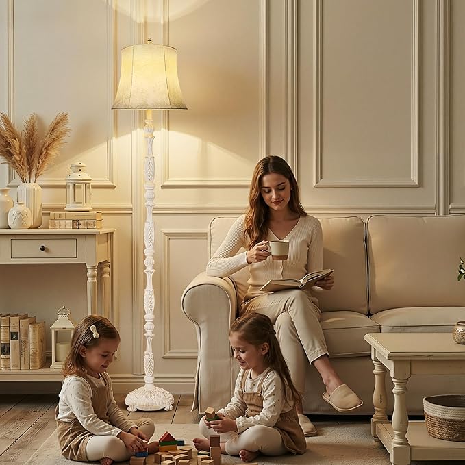 Scenekoy Rustic 66” Wash White Floor Lamp for Living Room Bedroom, Resin Carved Standing Lamp with Faux Leather Shade, Adjustable Bulb, Rotary Switch Rustic Lamp Decor for Home Room Office