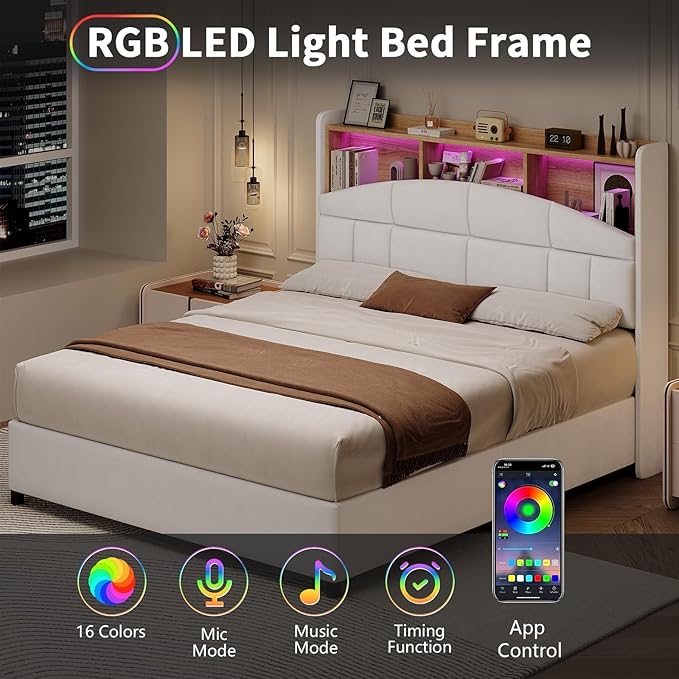 Queen Bed Frame with Headboard, Velvet Upholstered Bed Frame with LED Lights, Queen Platform Bed with Wooden Slats Support, No Box Spring Needed, No Noise, Beige