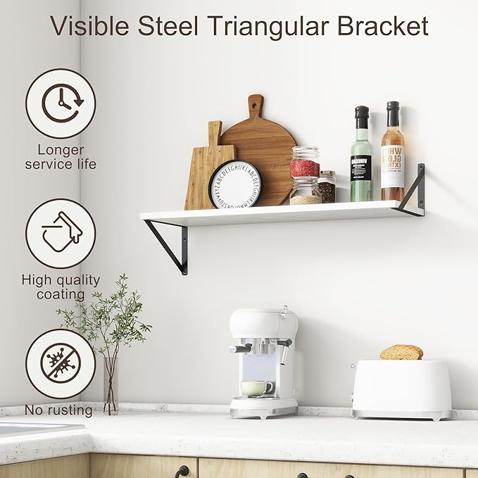 10 Inch Deep Floating Shelves, White Floating Shelves 30 Inch Long, Rustic Wood Wall Shelves 30"W x 10"D, Deep Floating Shelf with Bracket, Wide Storage Shelves for Books, Living Room, Bathroom