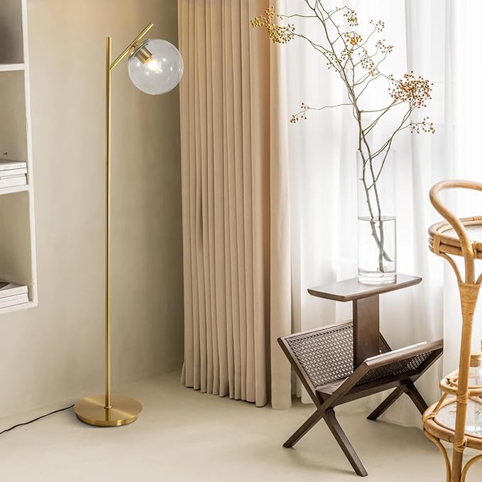 Mid Century Brass Floor Lamps Vintage Clear Standing Lamp for Living Room Modern Tall Freestanding Lamps Retro Farmhouses Globe Floor Lamp for Bedroom Office