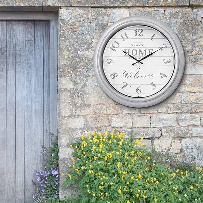 Presentime & Co 18" Vienna Modern Farmhouse Luminous Indoor/Outdoor Clock, Shiplap Style, Galvanized Silver Finish, Night Light with Smart Sensor, Wall Decoration, Outdoor Lights & Decoration.