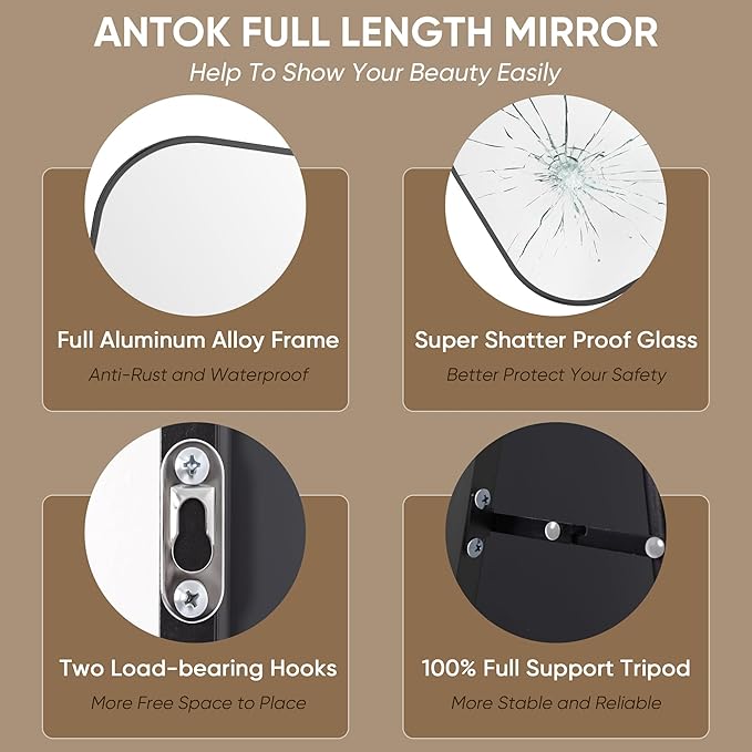 Antok Full Length Mirror, 81"x41" Floor Mirror Freestanding, Arched Floor Standing Large Full Body Mirror with Stand for Bedroom, Hanging Mounted for Living Room, Black