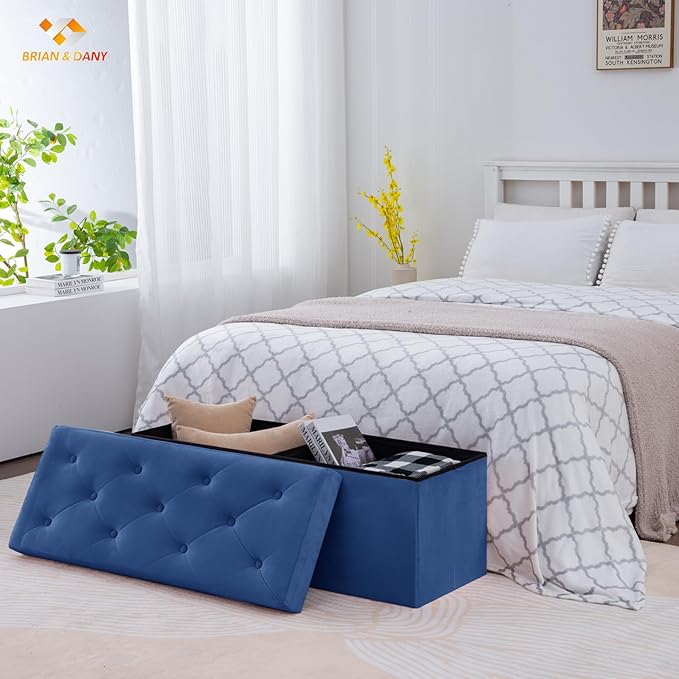 BRIAN & DANY 43 Inches Folding Storage Ottoman Bench, Velvet Ottoman with Storage for Living Room, Long Shoes Bench,Flannelette Footrest Benches Seat (Blue)