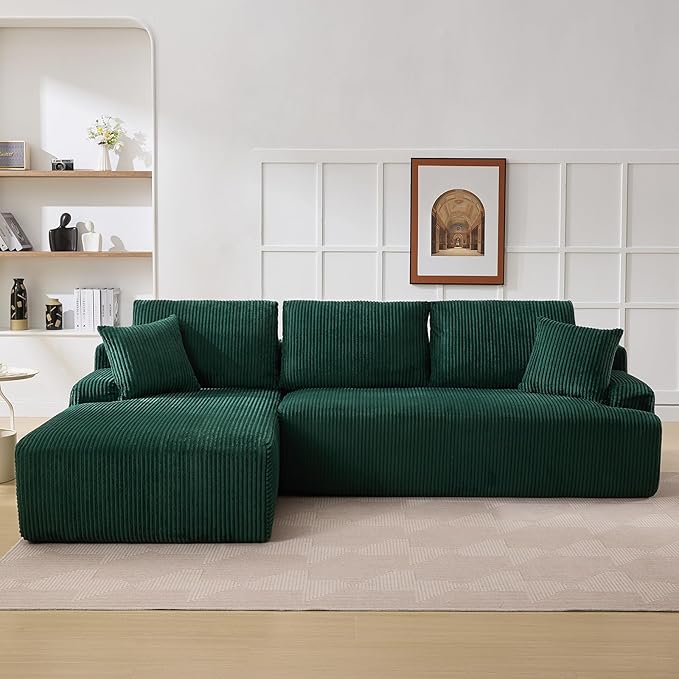 Sectional Cloud Couch for Living Room L Shaped Couch with 3 Seat Ind. Chaise Longue Corduroy Fabric Boneless Modular Modern Sofa with Pillows for Apartment and Small Space