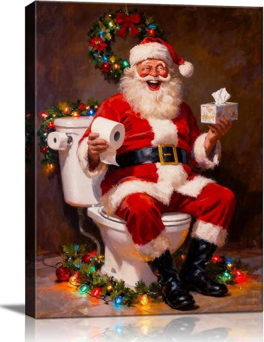 Funny Santa Claus Christmas Canvas Wall Art - Humorous Bathroom & Office Framed Print Ready to Hang, Unique Christmas Gifts for Family, Festive Winter Decor & Amusing Christmas Decorations