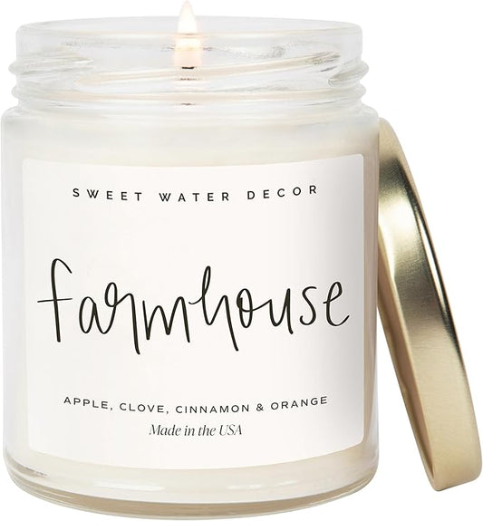 Sweet Water Decor Farmhouse Candle | Autumn, Cinnamon, and Nutmeg, Fall Scented Soy Candles for Home | 9oz Clear Jar, 40 Hour Burn Time, Made in The USA