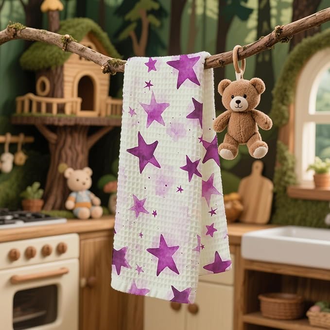 Watercolor Star Hand Towel, Star Waffle Towels, Nursery & Bathroom Hand Towel, 16x24 Inch Purple Dish Tea Towel Decor for Kitchen & Nursery & Bathroom, Gift for Friends & Homeowners.