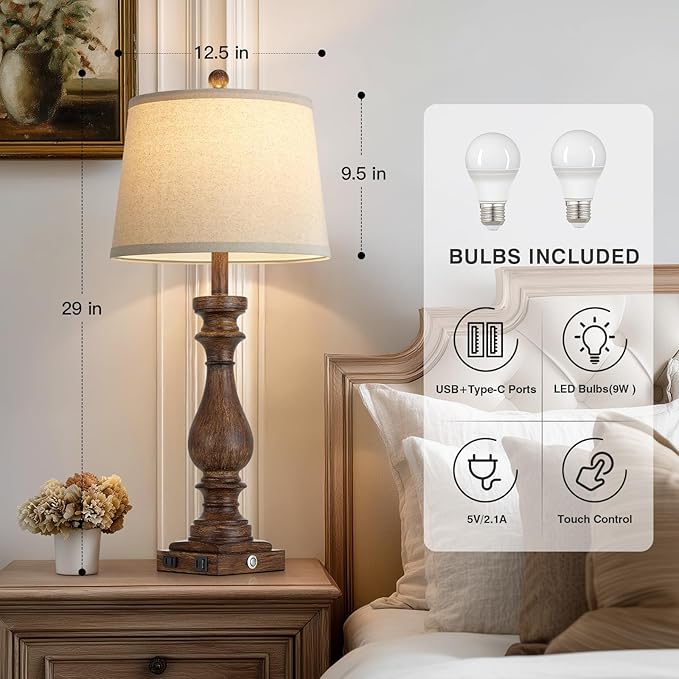 29" Tall Vintage Table Lamps Set of 2,Farmhouse Bedside Lamps with USB C+A Ports & AC Outlet,3-Way Dimmable Touch Lamp for Night Stands Living Room Bedroom,Brown