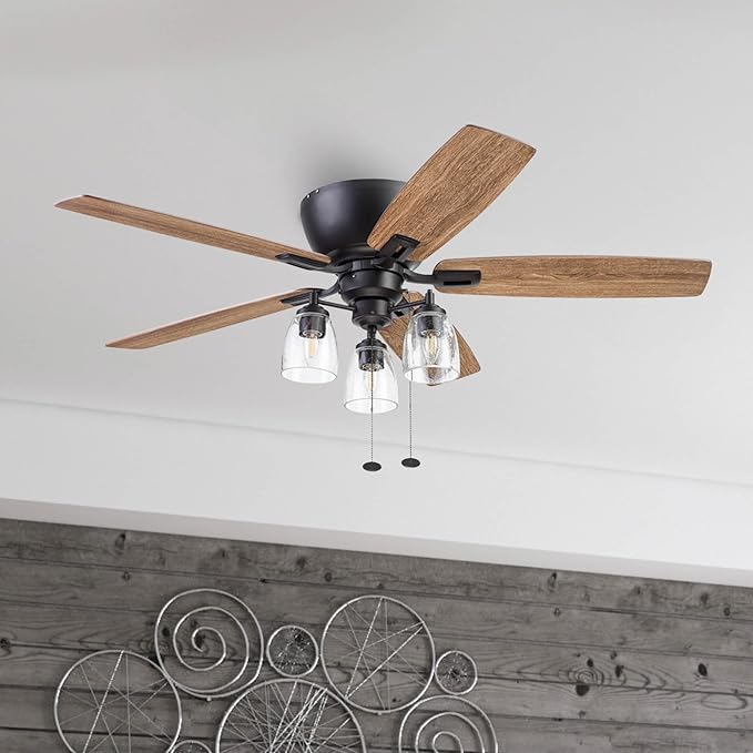 Prominence Home Arthur, 52 inch Industrial Farmhouse Flush Mount LED Ceiling Fan with Light, Pull Chain, Three Mounting Options, Dual Finish Blades, Reversible Motor - 51486-01 (Espresso)