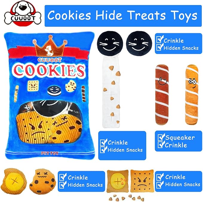 Treat Dispensing Dog Toys, Crinkle Squeaky Interactive Dog Toys, Enrichment Treat Puzzle Pet Toys for Medium, and Large Dogs (Cookie)
