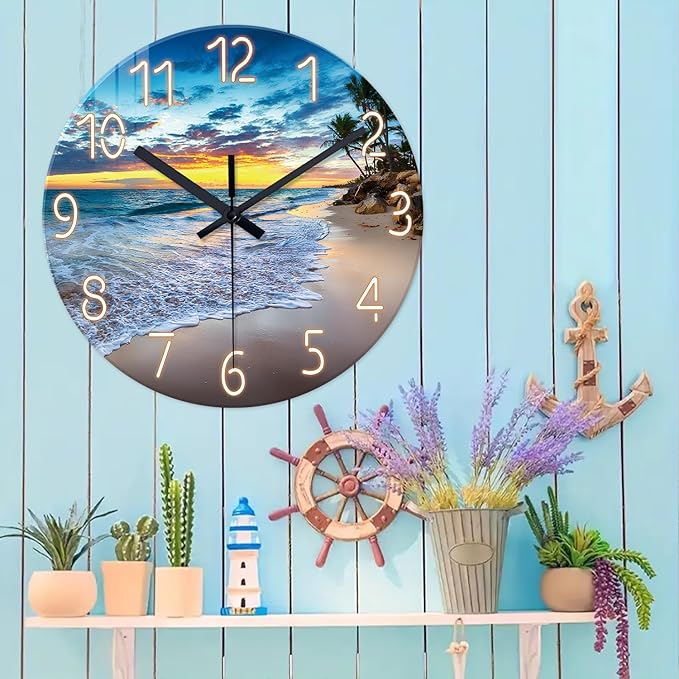 24 Inch Glass Large Wall Clocks for Living Room Decor Palm Tree Battery Wall Clock Modern Coastal Blue Wall Clock Silent