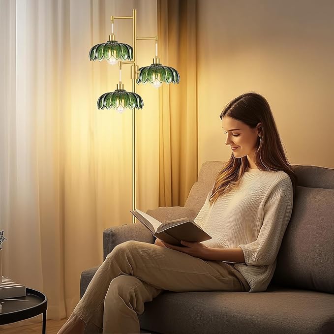 Vintage Floor Lamps for Living Room Bedroom-3 Light Dimmable Gold Floor Lamp with Glass Lampshape, Flower Tall Lamp Modern Mid Century Standing Lamp Green Tree Floor Lamp for Bedroom Corner
