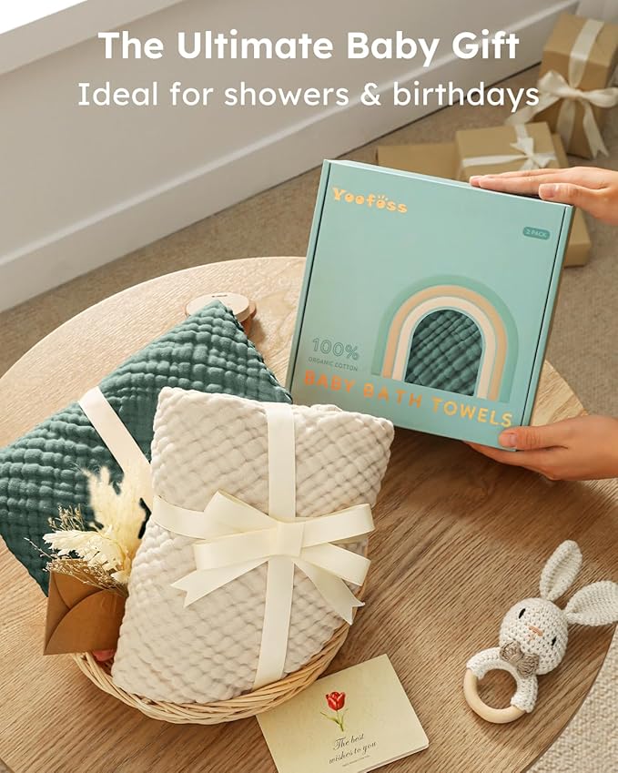 Yoofoss Hooded Baby Towels for Newborn 2 Pack 100% Muslin Organic Cotton Baby Bath Towel with Hood for Babies, Infant, Toddler and Kids, Large 32x32Inch, Soft and Absorbent Newborn Essential