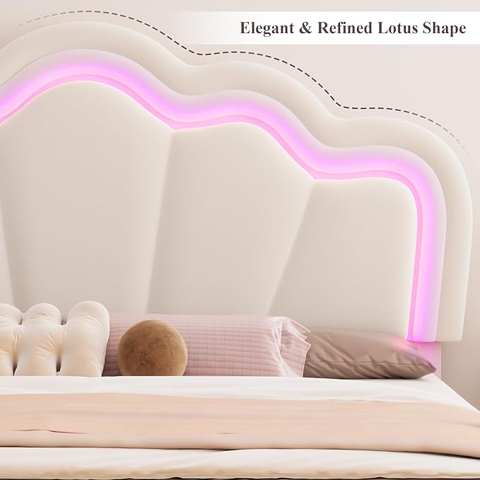 HOSTACK Full Upholstered LED Bed Frame with Storage Drawers, Cute Girls Bed with Adjustable Lotus Headboard, Velvet Princess Platform Bed Frame, Wooden Slats Support, No Box Spring Needed, Cream