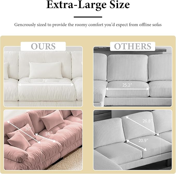 94.4” Loveseat Sofa, 2 Seater Modular Sectional Sofa, Pink Large Sectional Fluffy Couch Set, Chenille Cloud Couch with 4 Pillows, Deep Seat Sofas for Living Room