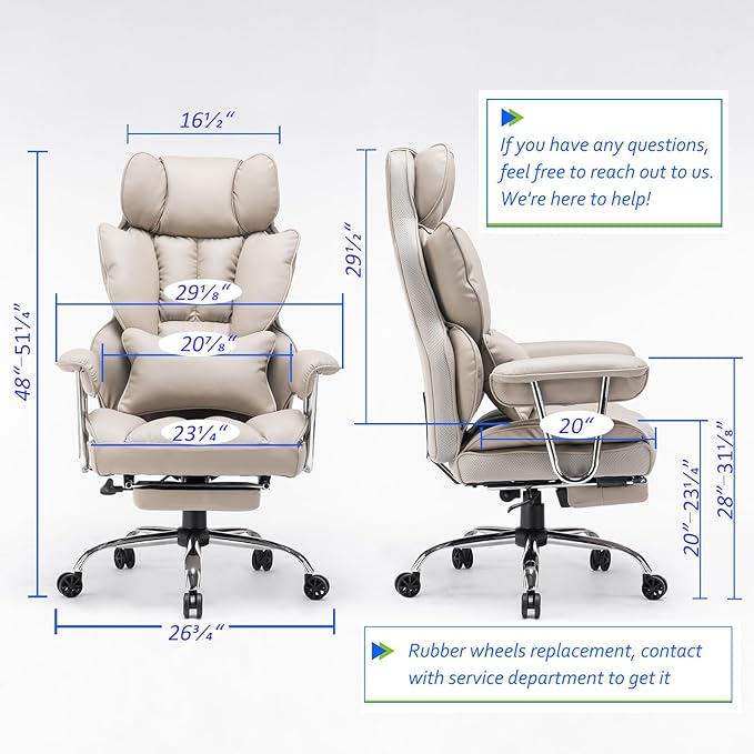 Efomao Big and Tall Office Chair 400lbs – PU Leather Executive Office Chair with Lumbar Support & Leg Rest, Heavy-Duty Computer Chair for Home Office, Grey