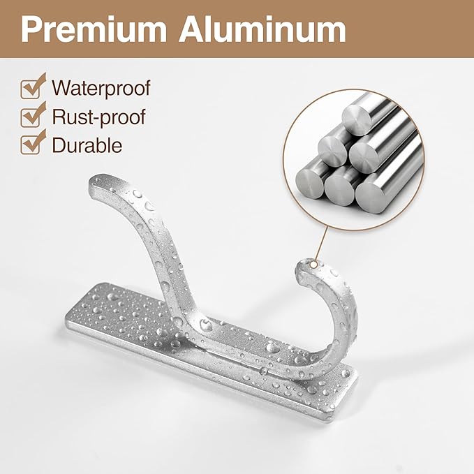 pickpiff Adhesive Wall Coat Hooks - Heavy Duty Stick-On Door Hanger, Metal Hook for Hanging Towel,Purse, Robe, Backpack, Jacket, Clothes - for Bathroom,Dorm, Closet, Kitchen - Silver, 4 Pack