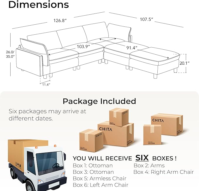 CHITA 127" Super Large Sectional Couches for Living Room, Modular Cloud Couch Sectional Sofa, Premium Fabric Couches, Down Filled, High Density Foam, Chenille in Cream, 5 Seat U Shaped