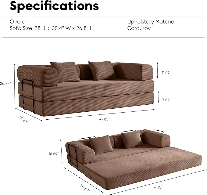 Convertible Folding Couch Bed, Comfy Corduroy Sleeper Floor Sofa Bed with Fixed-Shape Frame, Floor Sofa with Armrest, Lounge Couch for Living Room Bedroom Lounge Studio, Dark Brown