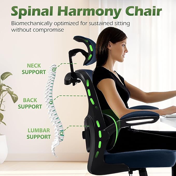Office Chair Ergonomic Desk Chairs with Adjustable Lumbar Support& Headrest Hanger, High Back Breathable Mesh Chair with Wheels, Rolling Swivel Comfy Task Computer Chair for Home Work Gaming