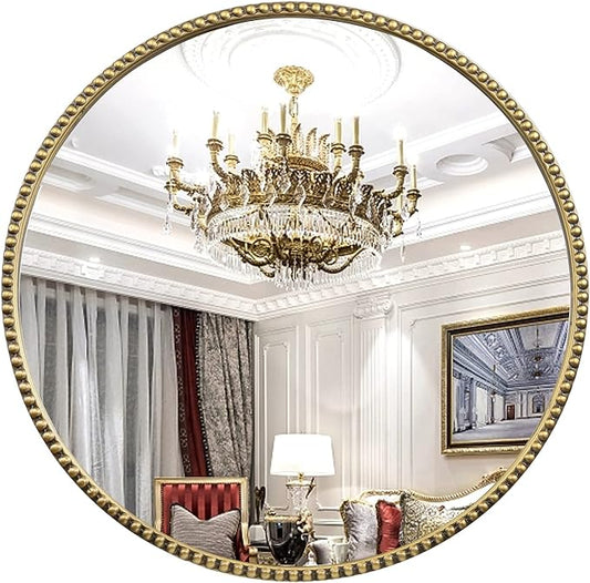 Round Bathroom Wall Mirror, 28"x28" Antique Gold Metal Beaded Frame Vanity Mirror, Wall Mounted Large Circle Makeup Mirror for Bedroom, Living Room, Entryway
