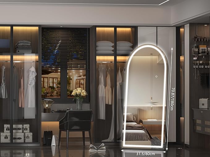 Hasipu 71" X 32" Full Length Mirror with Lights, Black Frame Arch Led Mirror Full Length and 3 Colors Temperatures & Brightness Adjustable,Light Up Mirror Full Body for Bedroom Cloakroom Living Room