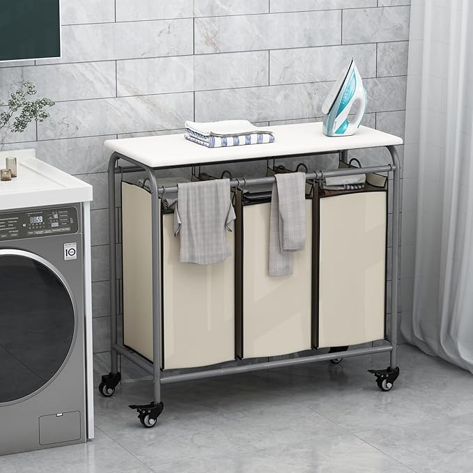LINZINAR 3 Bag Laundry Basket Sorter Heavy Duty Rolling Lockable Wheels Laundry Hamper Cart with Ironing Board and Removable Bags, Beige