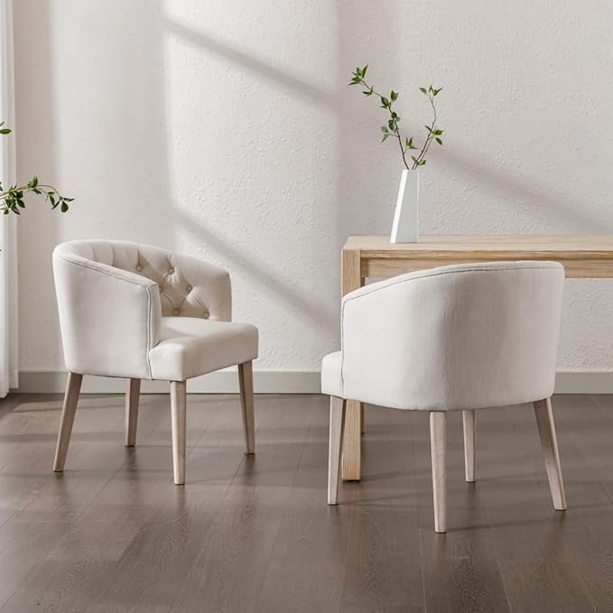 HEAH-YO Modern Dining Chairs Set of 2, Tufted Dining Room Chairs with Barrel Backrests, Upholstered Linen Kitchen Chair for Dining Room, White