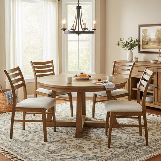 DUOMAY Farmhouse Dining Chairs Set of 4, Fur Beige Upholstered Side Chairs Solid Wood Ladder Back Kitchen Chairs for Home Dining Room, Browm Frame