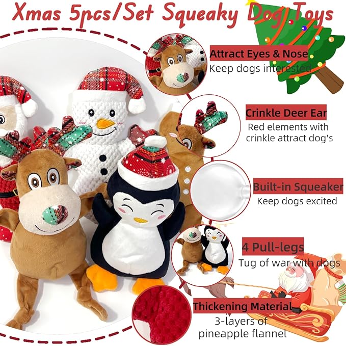 5 Pieces Christmas Squeaky Interactive Dog Toys with Crinkle, Plush Toy to Keep Them Busy for Boredom, Dog Toy for Small Medium Large Dogs - Santa/Penguin/Snowman/Gingerbread Man/Deer