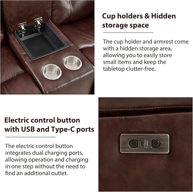 CANMOV Genuine Leather Power Recliner Sofa Set, Power Recliner Chair and Loveseat Set, 2 Pieces Leather Couch with Storage Console, USB Ports, Cup Holders for Living Room,Dark Brown