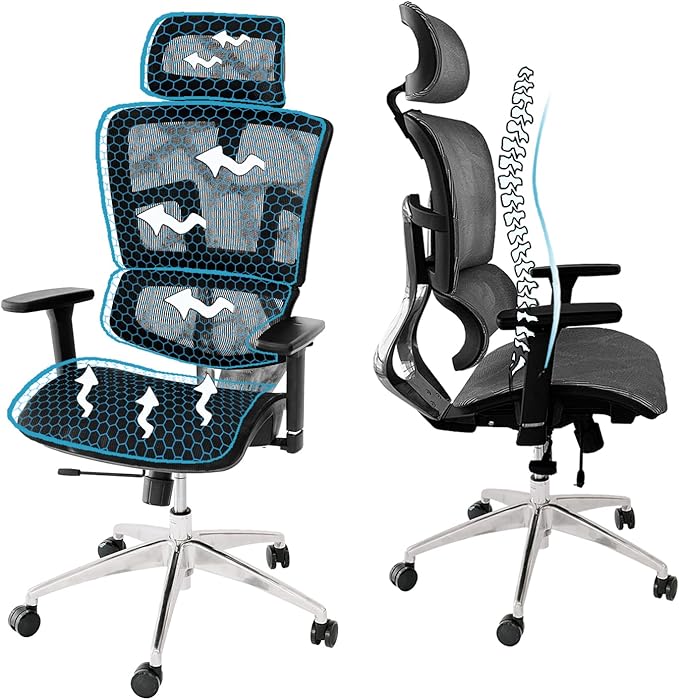 ErgoMax 53 in Tall Black Ergonomic Adjustable Office Chair w/Aluminum Back and Base, Ergonomic Chair with Headrest and Lumbar Support