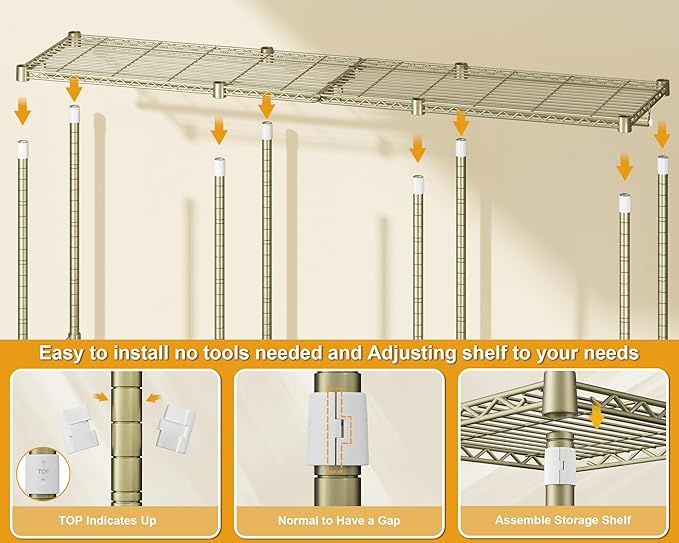 E14 Heavy Duty Clothes Rack，Freestanding Clothing Racks for Hanging Clothes，Adjustable Closet Organizers and Storage，Metal Garment Rack with Shelves 69" W x16 D x77 H，Max Load 960LBS，Gold