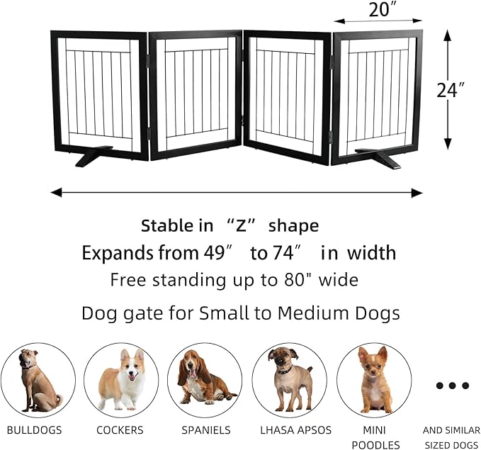 ZJSF Freestanding Dog Gate Indoor, Foldable Dog Fence for Doorways,Hallways or Stairs, Sturdy Wood Extra Wide Pet Gate with Support Feet,Black,24 "Height-4 Panels