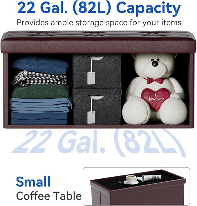 BRIAN & DANY 30 Inches Storage Ottoman Bench, Faux Leather Ottoman with Storage, Folding Bench Shoe, Foot Rest Stool, for Living Room, Brown