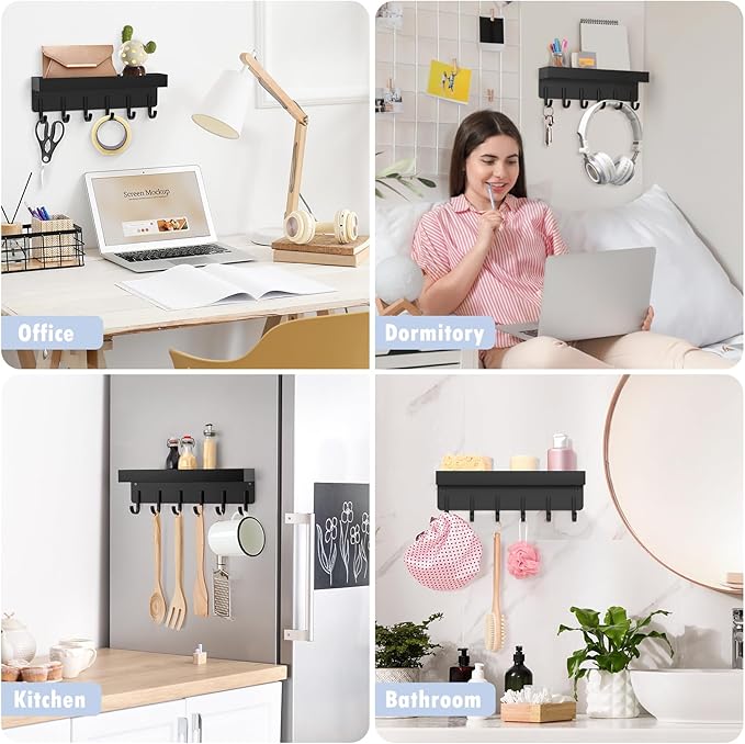 kuaima Magnetic Key Holder, Small Wall Mount Key Rack with Shelf for Fridge, 6 Metal Hooks, 9.65 Inch, 2 Installation Options, Black