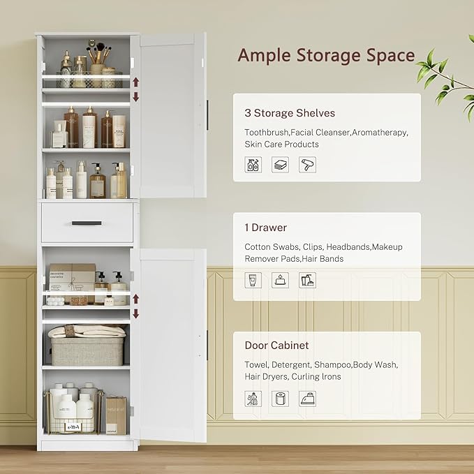 usikey 67'' Tall Bathroom Cabinet, Storage Cabinet with 4 Shelves & 2 Doors, Narrow Storage Cabinets for Bathroom, Living Room, Home Office, White