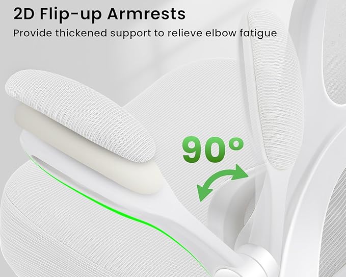 Ergonomic Office Chair, Comfy Desk Chair with Adjustable Lumbar Support, Mesh Computer Chair with Wheels, Flip-up Armrests, Swivel Rolling Executive Chair for Home Office, Gaming, White