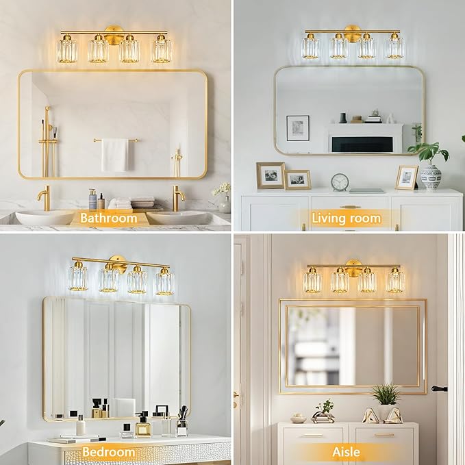 Modern 4 Light Crystal Vanity Light, Brushed Gold Vertical Bathroom Light Fixture Over Mirror for Dressing Table Sink, Compatible with Dimmable Bulbs (Bulbs Not Included)