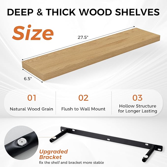 Fun Memories Floating Shelves for Wall, 27.5" Rustic Wood Deep Wall Mounted Shelves with Invisible Brackets for Decor & Storage, Floating Shelf for Living Room, Bathroom (Oak, Set of 2)