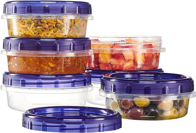 PLASTICPRO 6 Pack Twist Cap Food Storage Containers with Blue Screw on Lid- 8 oz Reusable Meal Prep Containers - Freezer and Microwave Safe Blue Plastic Food Storage